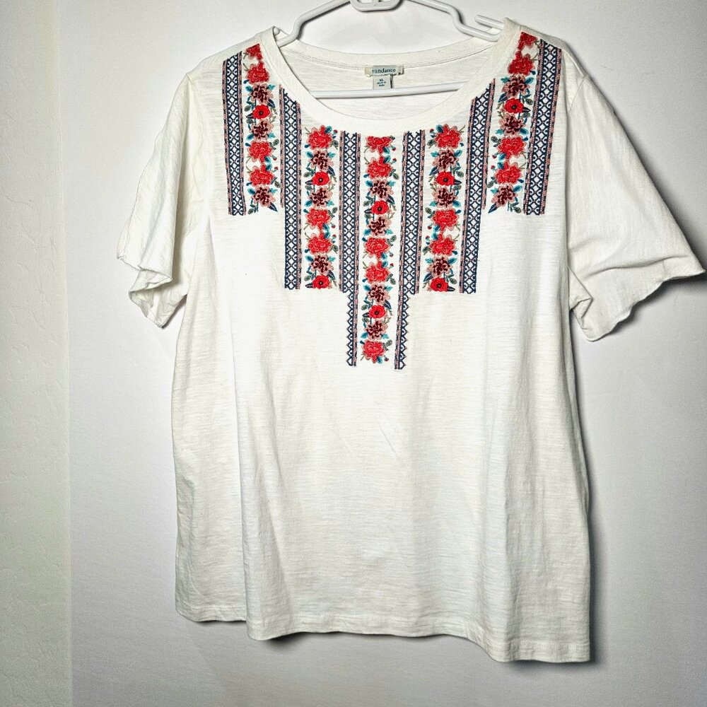 Sundance XL White Floral Embroidered Stitching Blouse BOHO Top Boxy Short Sleeve